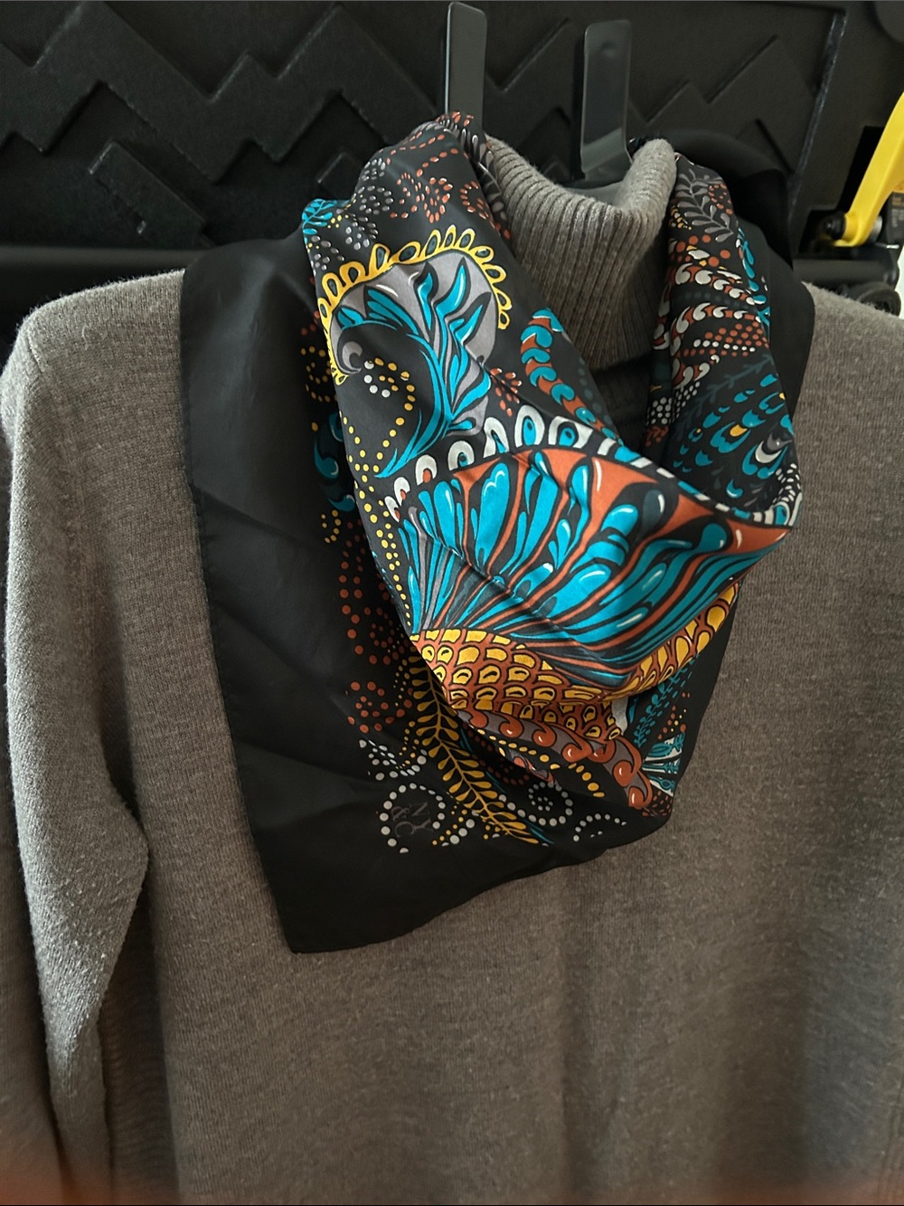 Source Unknown Black Scarf with Teal Orange Yellow Paisley Motif